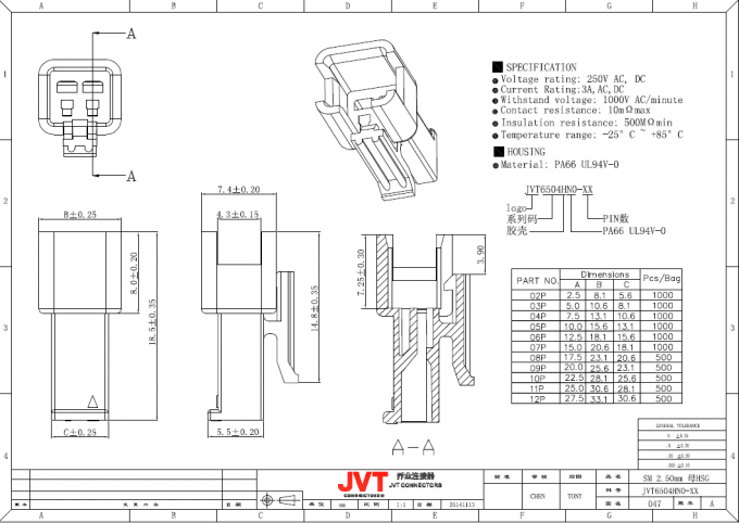 Conectores da fonte de alimentação do alojamento UL94V-0 do nylon 66 para Calibre de diâmetro de fios #18 - fio 22 aplicável
