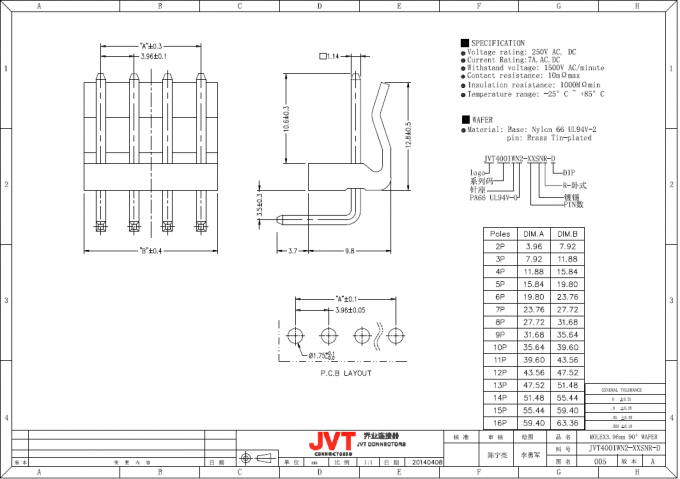 Fio do passo de JVT 3.96mm para embarcar o tipo vertical bolacha e terminal do conector do PWB do alojamento