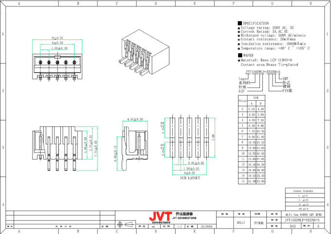 Equivalente do tipo vertical de SMT do conector do passo de Molex 87439 1.5mm - 2 - 15 Polos