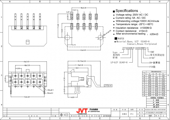 Tipo de SMT/conectores automotivos -25°C ângulo direito - temperatura de funcionamento de +85°C
