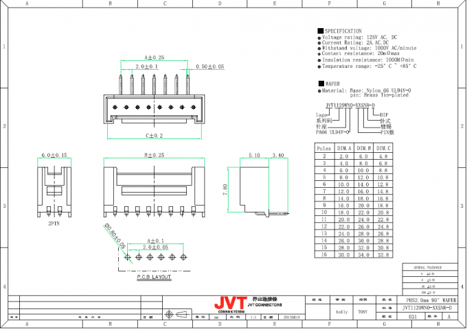 Fio da fileira de JVT PHS 2.0mm único para embarcar conectores do estilo do friso com dispositivos de travamento seguros