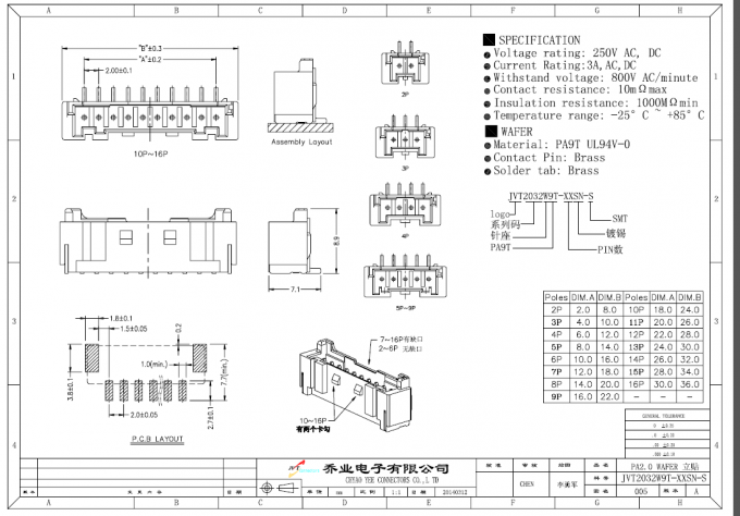 6 conectores fêmeas da placa do PC b do bronze de fósforo de Polos, conectores do fio do friso de SMT
