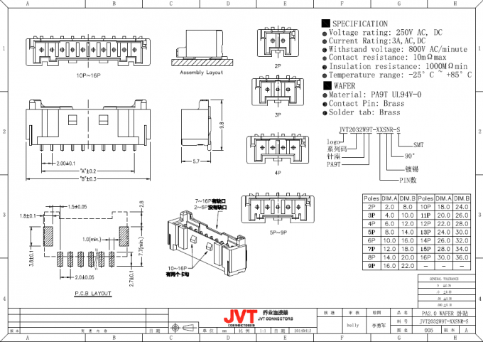 Série do fio do PA 2.0mm de JVT para embarcar conectores do estilo do friso com dispositivo de travamento seguro
