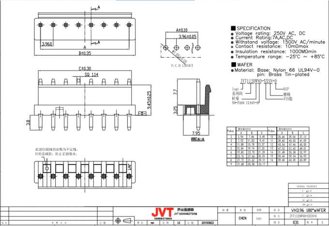 Passo de VH3.96mm, tipo estanhado do mergulho, placa para prender os conectores 2-16Pin