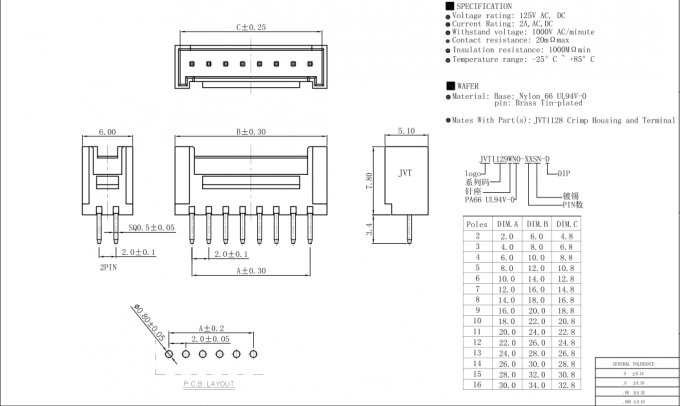 Tipo fio de SMT dos conectores do PWB para embarcar 2 Pin - nylon 66 UL94V-0 de 16 Pin