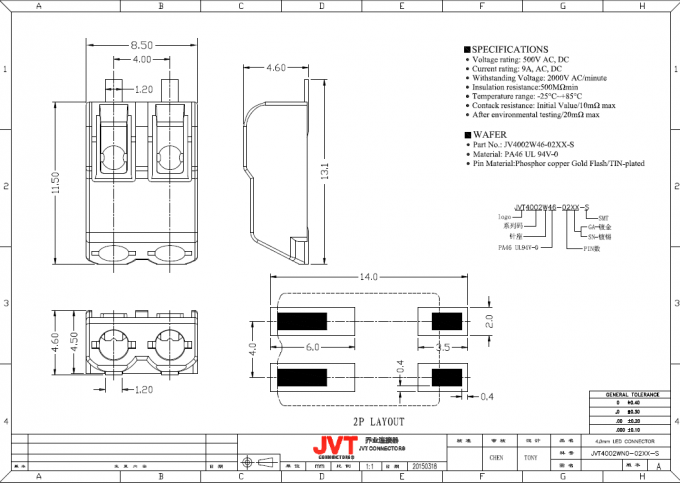 conector do diodo emissor de luz de 4.0mm Pitch1~ 3 Polo, fio de Smd da passagem de ROHS para embarcar o conector